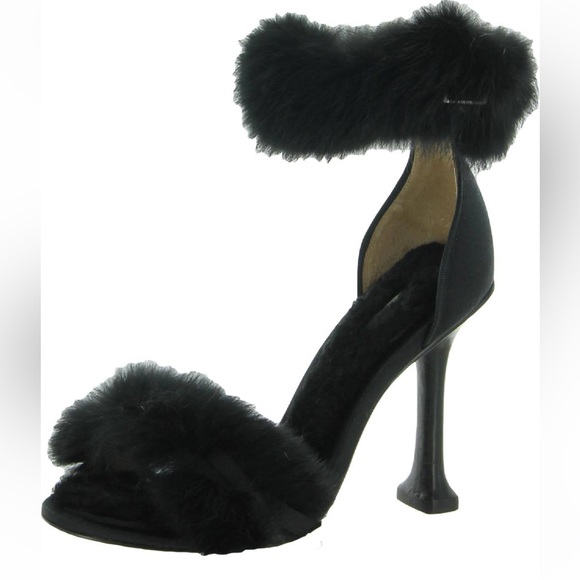 NIB Leon Max Elite Black Satin & Rabbit Fur Ankle Strap Heels Shoes - Picture 4 of 12